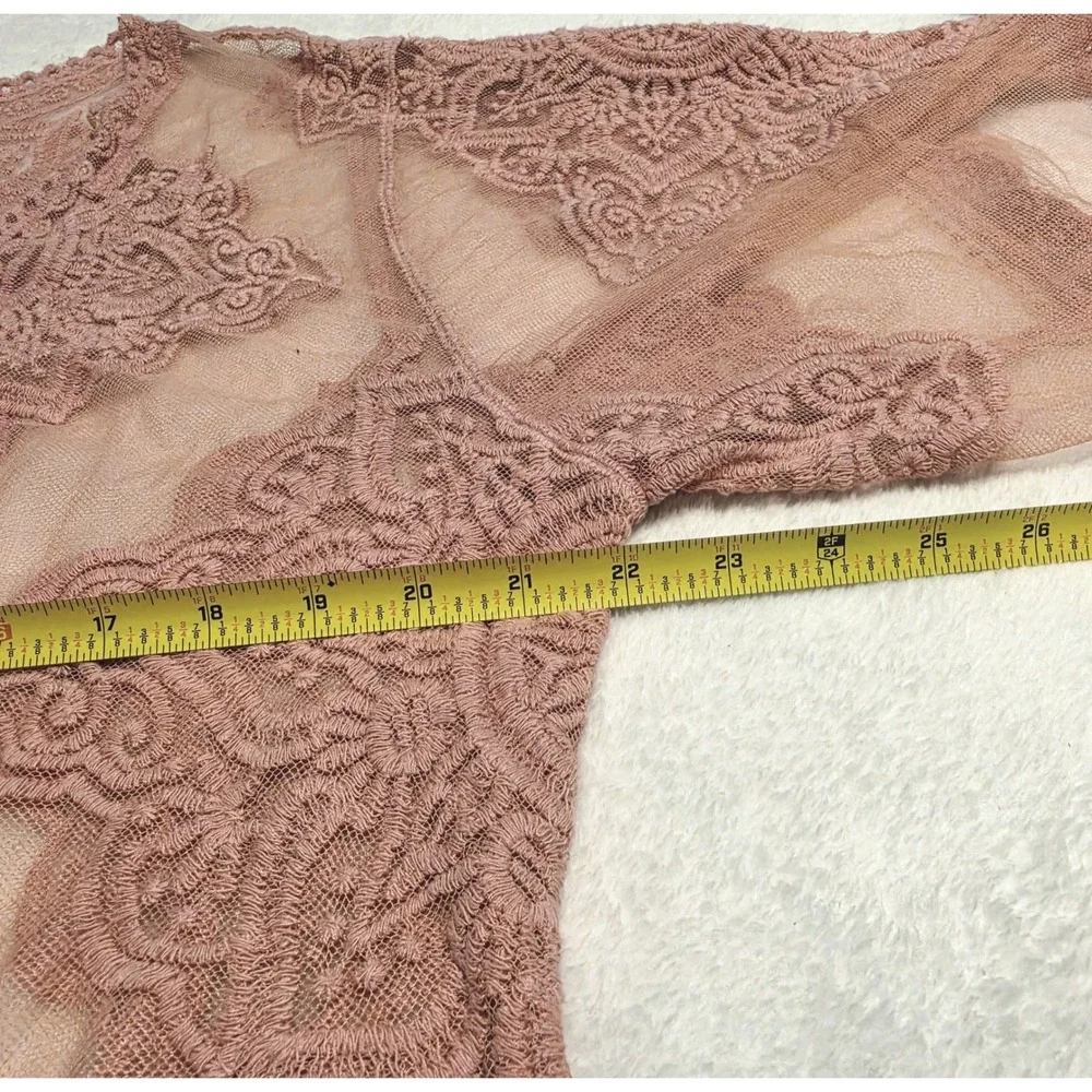 Boho Lace Duster Cardigan Sheer Embroidered Longline Kimono Dusty Rose S/M